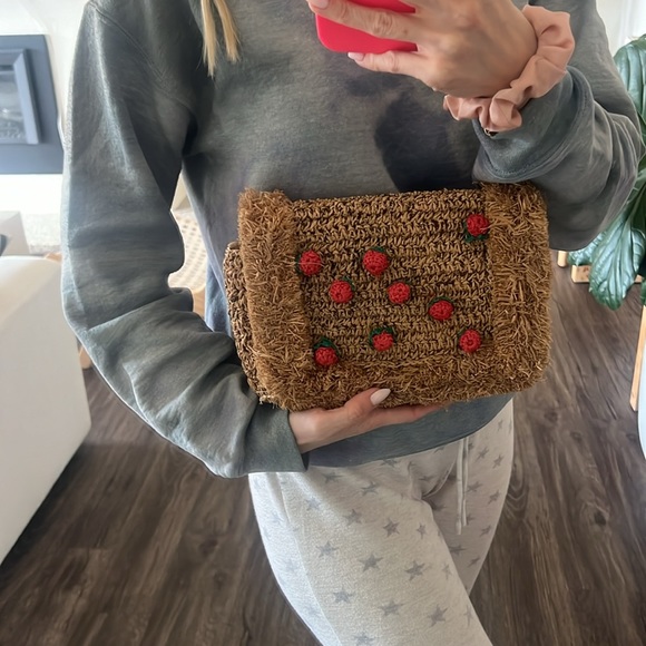 Zara Handbags - Zara strawberry straw raffia clutch bag